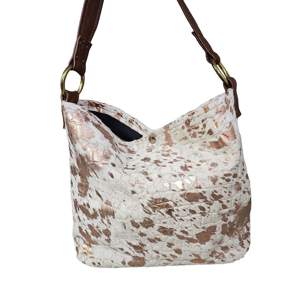 Wild Goose Cowhide Leather Shoulder Bag Purse White Rose Gold Speckled Cowgirl